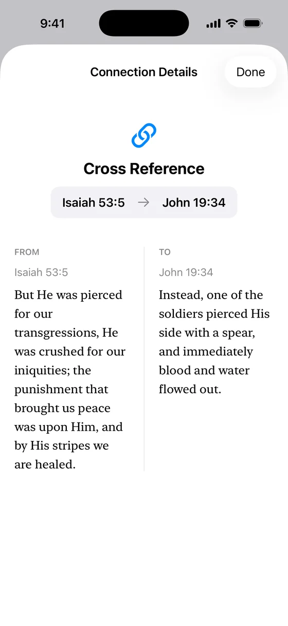 Rooted Word app showing Bible passages and their cross-references side by side